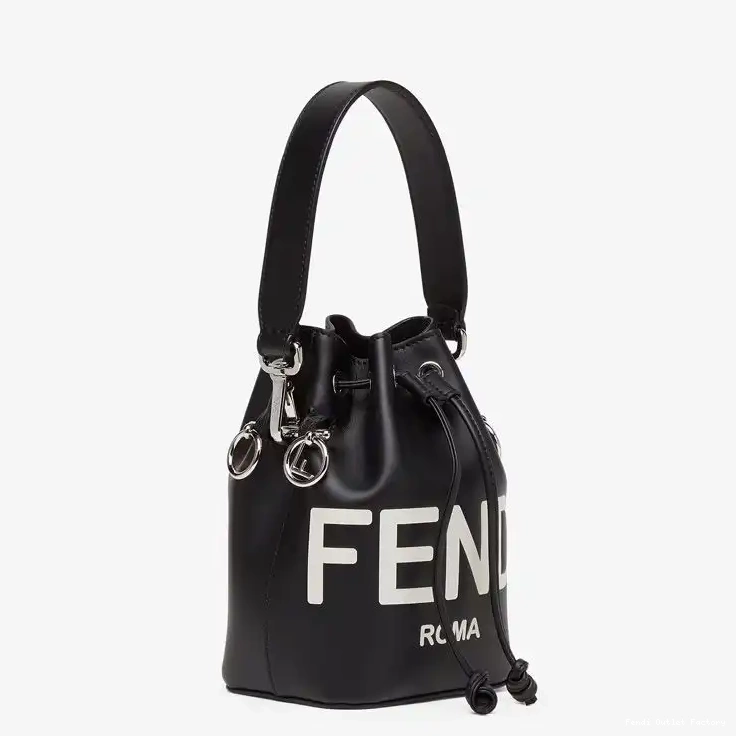 Vintage HOT ROMA Mini Black Bag In Tresor Bucket Fendi Mon Leather White Calf Logo 0407